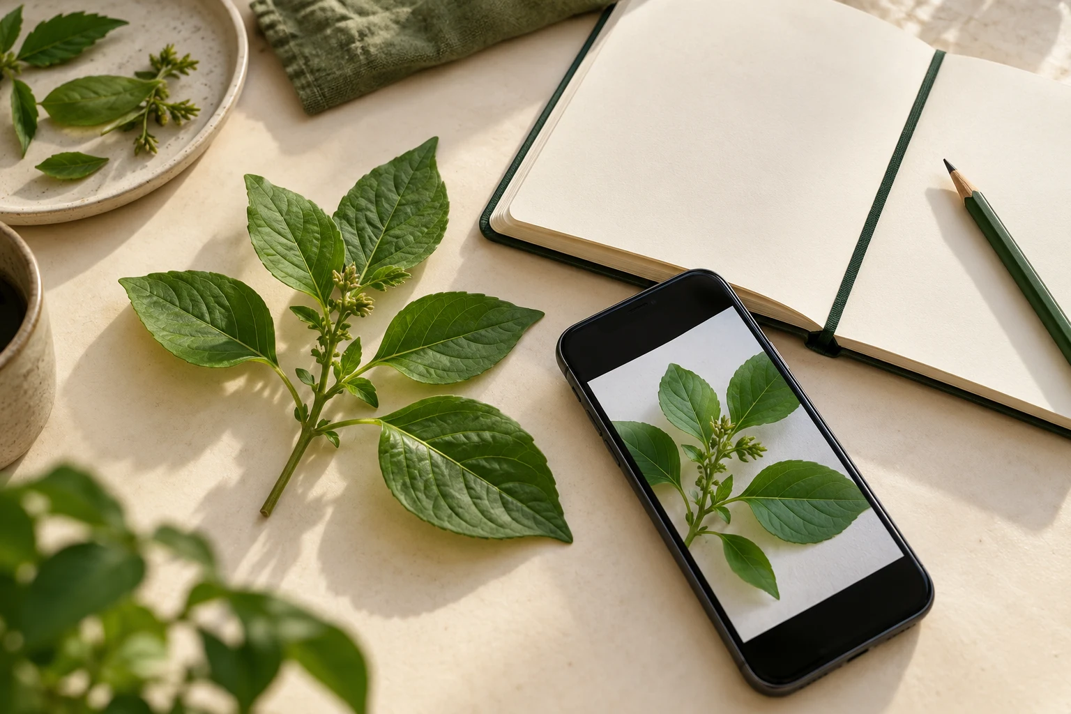 Illustrative botanical observation scene with a phone and notebook