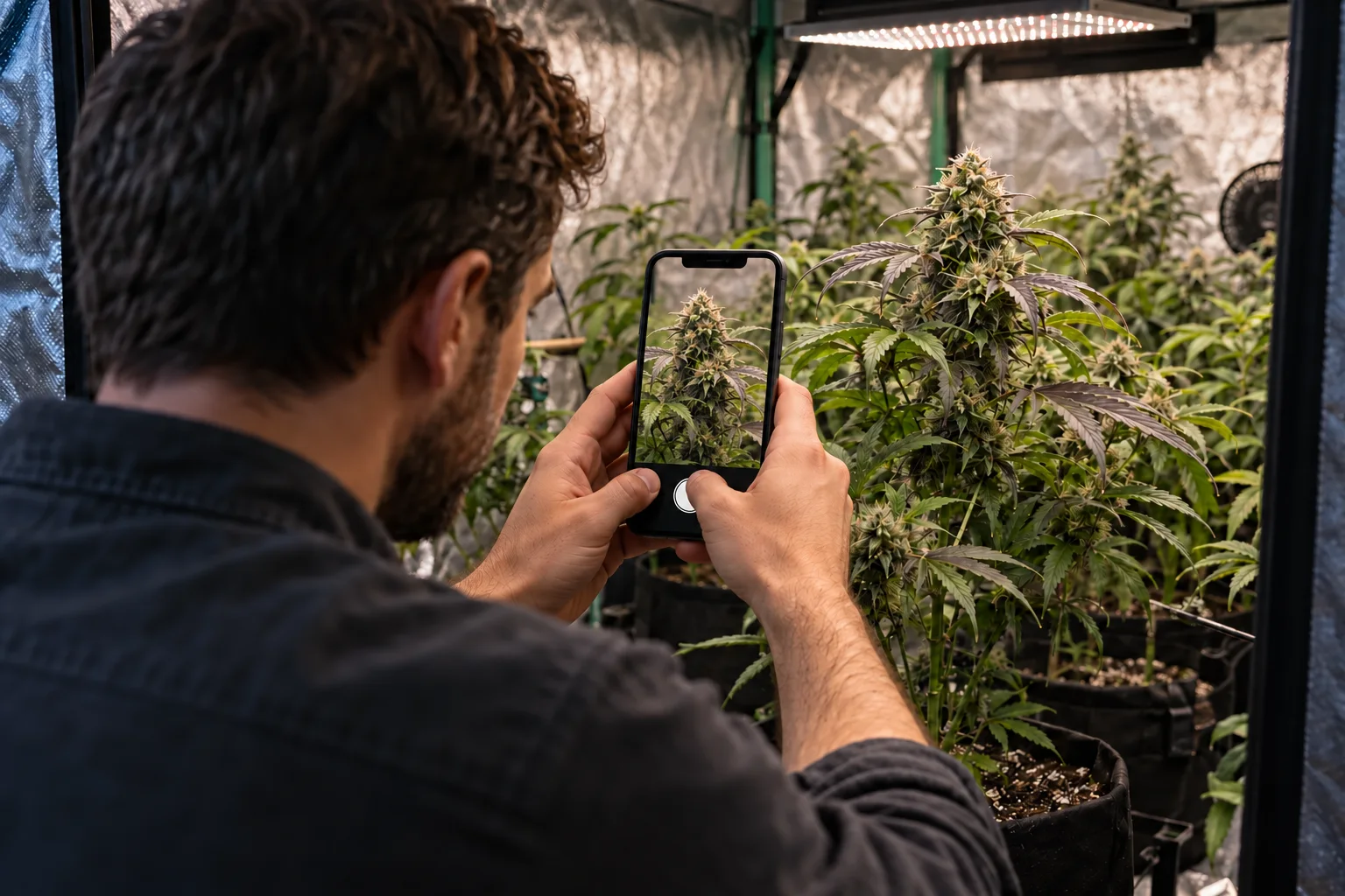Illustrative home grower photographing a plant inside a grow tent